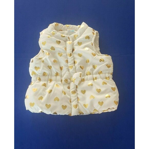 Heathtex Baby Girls Beige Puffer Vest With Metallic Gold Hearts Size 6-9 Months - Picture 1 of 7